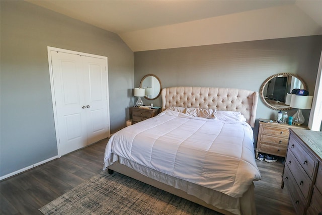 bedroom with lofted ceiling, a closet, and dark wood finished floors