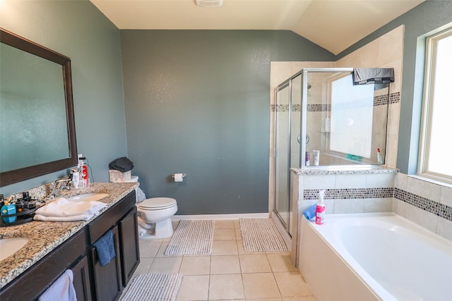 full bathroom with a shower stall, a garden tub, tile patterned flooring, and a sink
