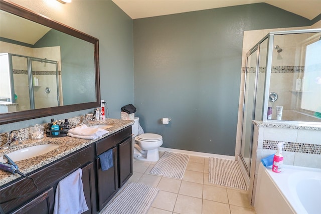 full bath featuring lofted ceiling, tile patterned flooring, and a stall shower
