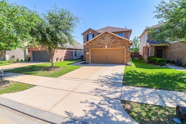 traditional home with brick siding, driveway, and a front lawn