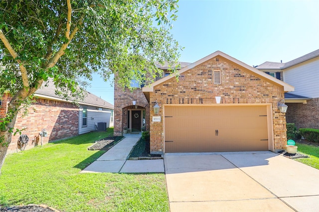traditional home featuring concrete driveway, a front lawn, an attached garage, cooling unit, and brick siding
