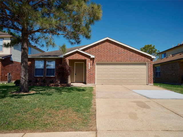 1122 Cotton Gum Ln, Rosenberg, TX 77471 - ranch-style home featuring driveway, a garage, a front lawn, and brick siding