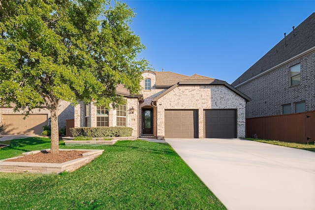 french country style house featuring a front yard, fence, brick siding, an attached garage, and concrete driveway