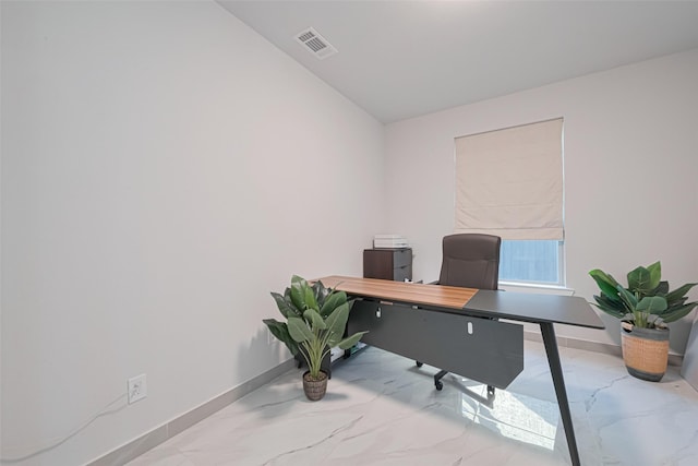 home office featuring marble finish floor, baseboards, and visible vents
