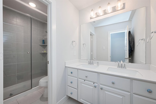 full bath with toilet, a stall shower, a sink, and tile patterned floors