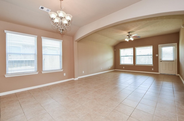 empty room with arched walkways, visible vents, lofted ceiling, ceiling fan with notable chandelier, and light tile patterned floors