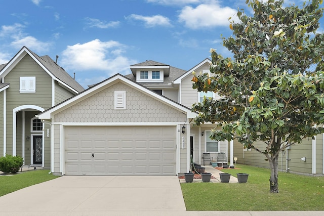view of front facade with concrete driveway, a garage, and a front yard