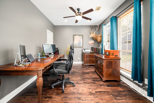 14102 Haynes Dr, Houston, TX 77069 - office area featuring ceiling fan, visible vents, recessed lighting, wood finished floors, and baseboards