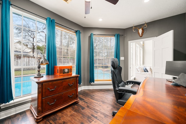 14102 Haynes Dr, Houston, TX 77069 - office area with ceiling fan, recessed lighting, baseboards, and dark wood finished floors