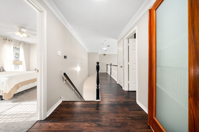 14102 Haynes Dr, Houston, TX 77069 - hall with crown molding, baseboards, an upstairs landing, and wood finished floors