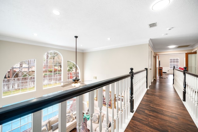 14102 Haynes Dr, Houston, TX 77069 - hall with crown molding, dark wood-style floors, visible vents, and recessed lighting