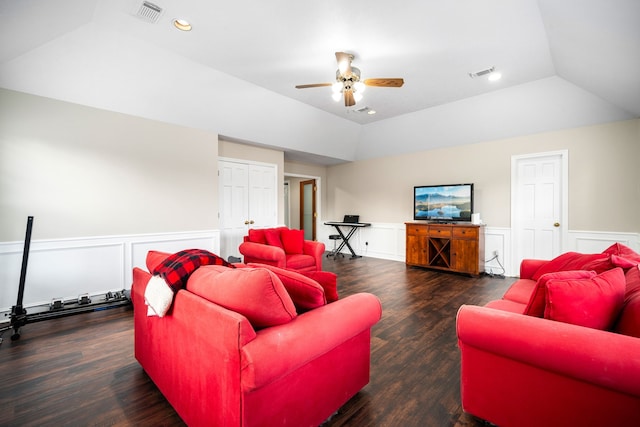 14102 Haynes Dr, Houston, TX 77069 - living area featuring a ceiling fan, wainscoting, lofted ceiling, and visible vents