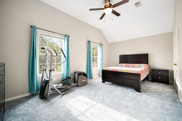 14102 Haynes Dr, Houston, TX 77069 - carpeted bedroom with baseboards, lofted ceiling, multiple windows, and visible vents