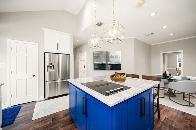 14102 Haynes Dr, Houston, TX 77069 - kitchen with stainless steel refrigerator with ice dispenser, dark wood-type flooring, blue cabinetry, and black electric cooktop