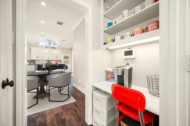 14102 Haynes Dr, Houston, TX 77069 - office with visible vents, recessed lighting, wood finished floors, lofted ceiling, and baseboards