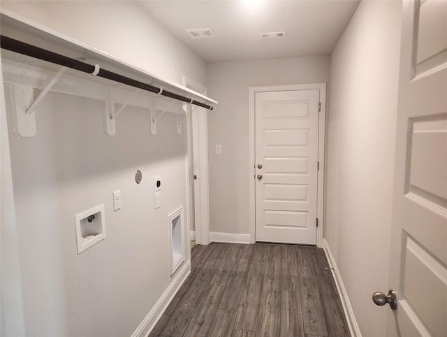 7 Greystone Ct, Angleton, TX 77515 - washroom featuring hookup for an electric dryer, dark wood-type flooring, washer hookup, baseboards, and hookup for a gas dryer