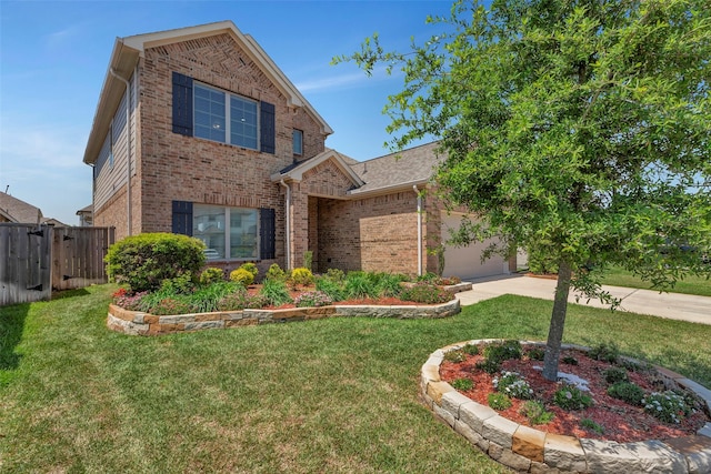 21723 Sarasota Spice St, Tomball, TX 77377 - traditional-style house with driveway, a front yard, brick siding, a garage, and fence