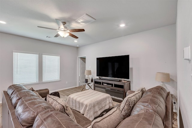 21723 Sarasota Spice St, Tomball, TX 77377 - living room featuring baseboards, a ceiling fan, visible vents, and recessed lighting