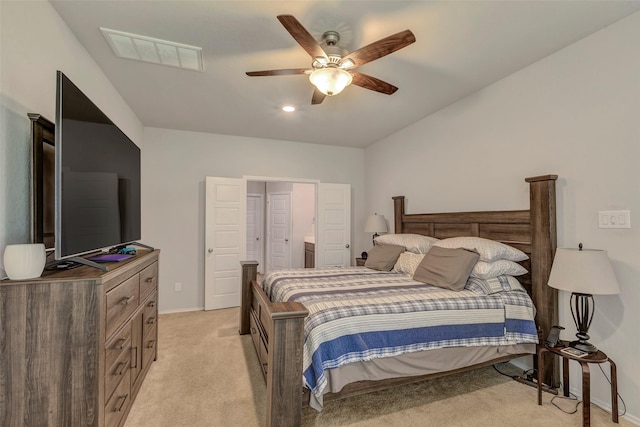 21723 Sarasota Spice St, Tomball, TX 77377 - bedroom with visible vents, baseboards, ceiling fan, ensuite bath, and light colored carpet