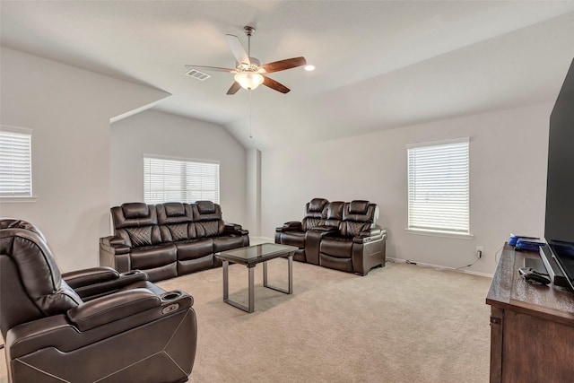 21723 Sarasota Spice St, Tomball, TX 77377 - living area featuring visible vents, baseboards, ceiling fan, light carpet, and lofted ceiling