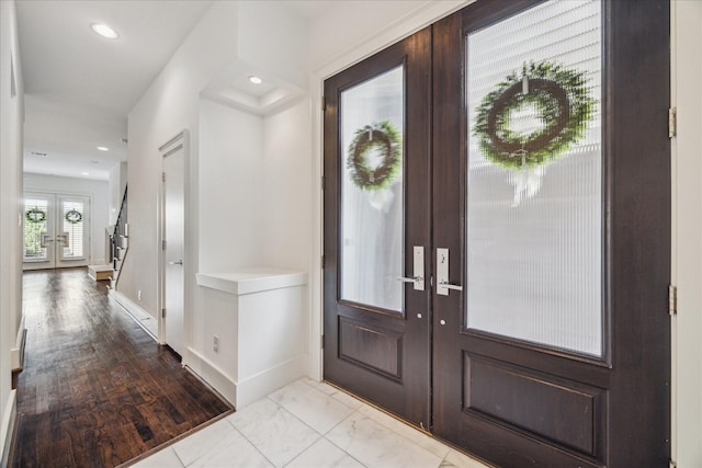 4410 Floyd St Unit B, Houston, TX 77007 - foyer entrance featuring french doors, stairs, baseboards, recessed lighting, and marble look tile flooring