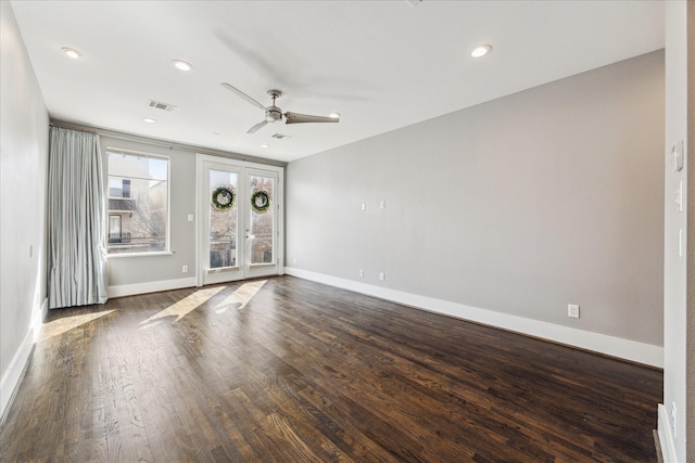 4410 Floyd St Unit B, Houston, TX 77007 - spare room featuring ceiling fan, baseboards, dark wood-type flooring, and recessed lighting