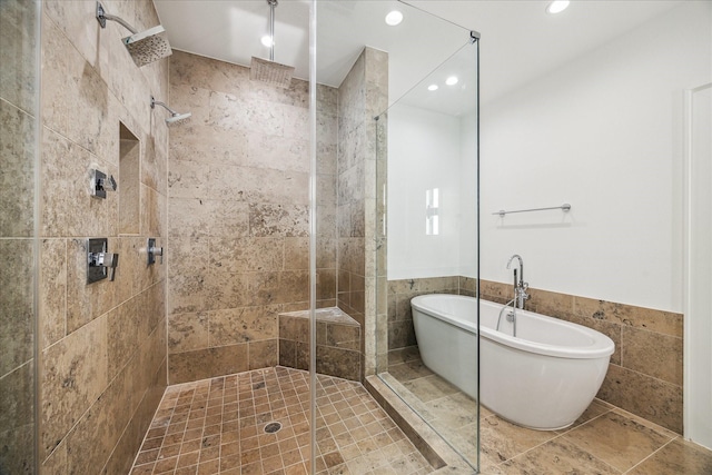 4410 Floyd St Unit B, Houston, TX 77007 - full bathroom with tiled shower, a freestanding tub, tile walls, recessed lighting, and a wainscoted wall