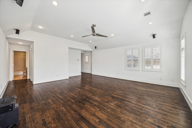 4410 Floyd St Unit B, Houston, TX 77007 - unfurnished living room featuring a ceiling fan, vaulted ceiling, wood finished floors, plenty of natural light, and baseboards