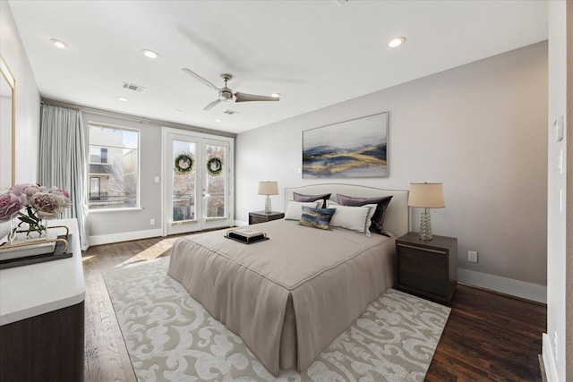 4410 Floyd St Unit B, Houston, TX 77007 - bedroom with wood finished floors, baseboards, ceiling fan, recessed lighting, and access to outside