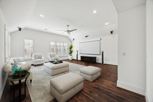 4410 Floyd St Unit B, Houston, TX 77007 - living room with vaulted ceiling, a ceiling fan, wood finished floors, baseboards, and recessed lighting