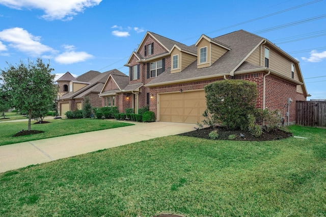 view of front of home featuring concrete driveway, an attached garage, a front yard, brick siding, and fence