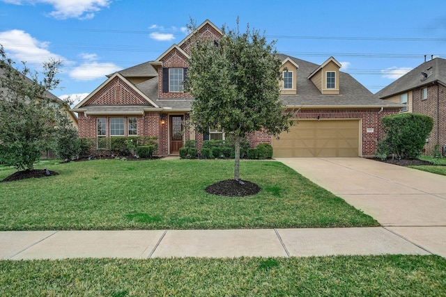 view of front of house with brick siding, a front yard, and concrete driveway