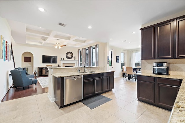 kitchen with visible vents, dishwasher, a sink, open floor plan, and coffered ceiling