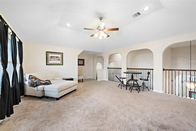 sitting room featuring recessed lighting, carpet flooring, visible vents, and a ceiling fan