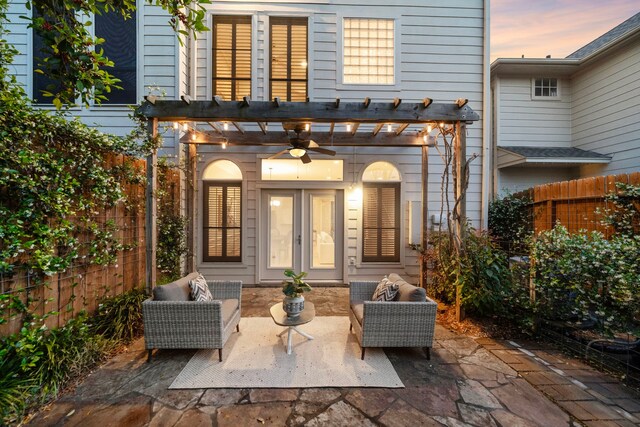 exterior space with a pergola, a ceiling fan, fence, a patio, and an outdoor hangout area