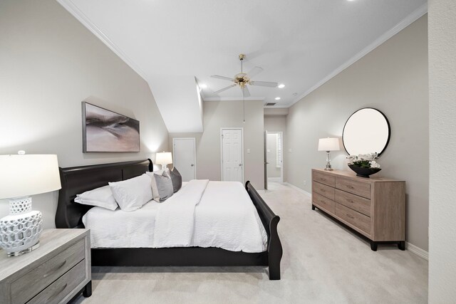bedroom with recessed lighting, light carpet, ornamental molding, baseboards, and ceiling fan