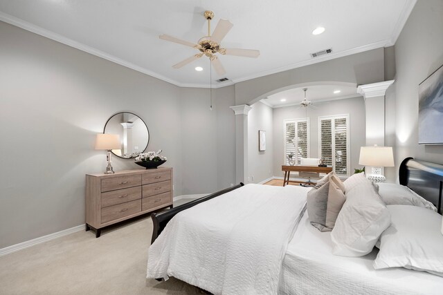 bedroom featuring recessed lighting, baseboards, visible vents, and ornate columns