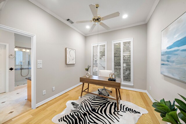 home office with ceiling fan, visible vents, light wood finished floors, and ornamental molding