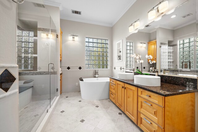 bathroom with a sink, visible vents, and a stall shower