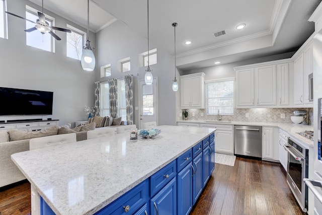 kitchen featuring a sink, ornamental molding, blue cabinetry, and stainless steel appliances