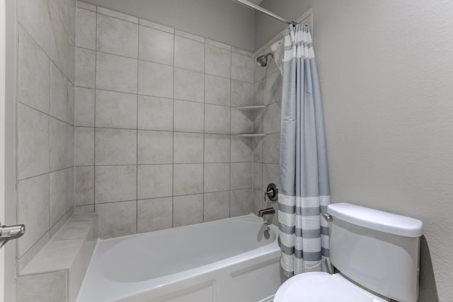 full bathroom with shower / bathtub combination with curtain and toilet