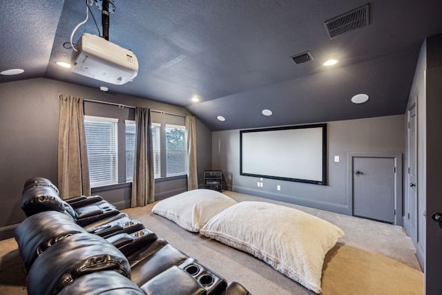 8227 Caroline Ridge Dr, Humble, TX 77396 - carpeted cinema room featuring lofted ceiling, a textured ceiling, and recessed lighting