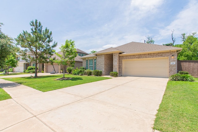 view of front of property with driveway, a garage, brick siding, and roof with shingles