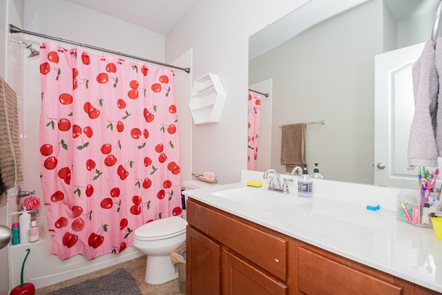bathroom featuring toilet, tile patterned flooring, shower / bathtub combination with curtain, and vanity