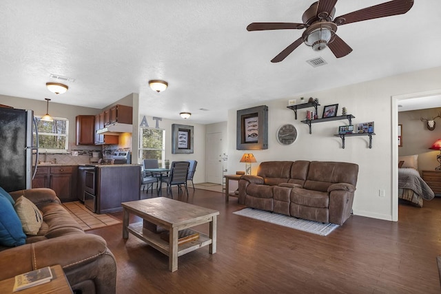 212 Woodcrest Dr, Brookeland, TX 75931 - living room with visible vents, baseboards, wood finished floors, and ceiling fan