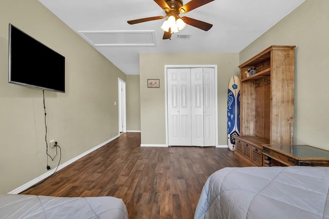 212 Woodcrest Dr, Brookeland, TX 75931 - bedroom featuring ceiling fan, visible vents, wood finished floors, attic access, and baseboards