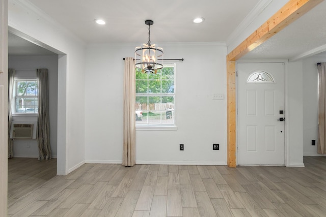 foyer featuring recessed lighting, a notable chandelier, and light wood-type flooring