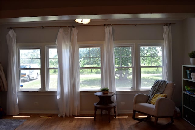 sitting room with baseboards and wood finished floors