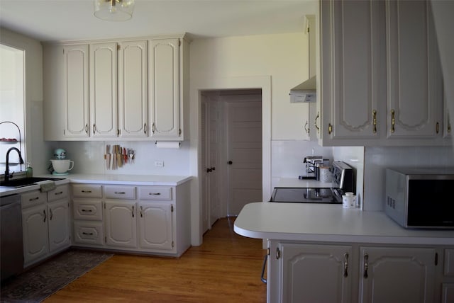 kitchen with light countertops, dishwashing machine, a sink, and light wood-style floors