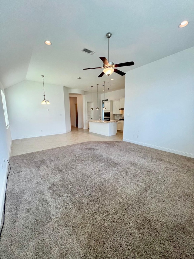 1610 Nacogdoches Valley Dr, League City, TX 77573 - unfurnished living room featuring recessed lighting, visible vents, light colored carpet, and ceiling fan